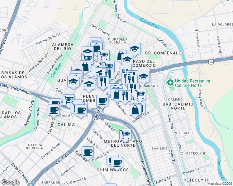 map of restaurants, bars, coffee shops, grocery stores, and more near 6 Carrera 1A in Cali