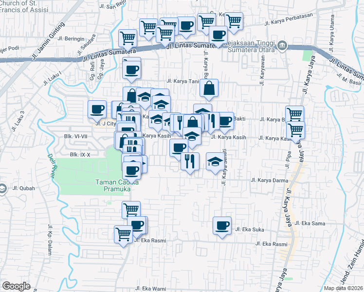 map of restaurants, bars, coffee shops, grocery stores, and more near c10 Jalan Palem Indah III in Kota Medan