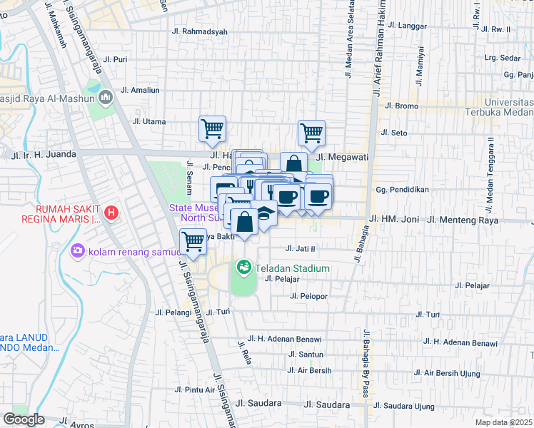 map of restaurants, bars, coffee shops, grocery stores, and more near Jalan HM Joni in Medan