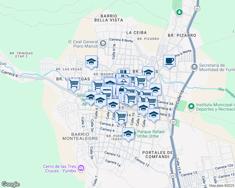 map of restaurants, bars, coffee shops, grocery stores, and more near 38 Calle 7 in Yumbo