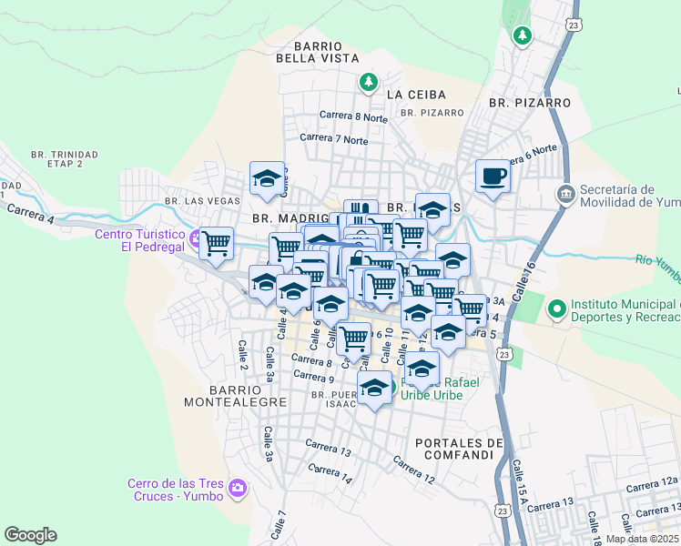 map of restaurants, bars, coffee shops, grocery stores, and more near 38 Calle 7 in Yumbo