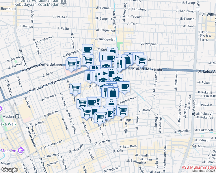 map of restaurants, bars, coffee shops, grocery stores, and more near Jalan Madong Lubis in Medan
