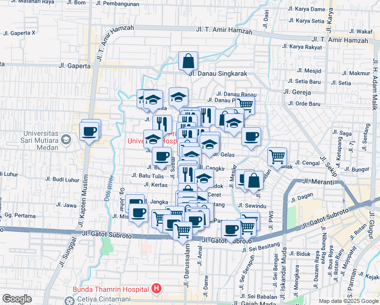 map of restaurants, bars, coffee shops, grocery stores, and more near Jalan Abdul Hamid in Medan