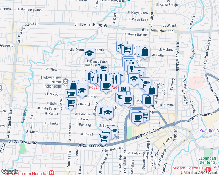 map of restaurants, bars, coffee shops, grocery stores, and more near Jalan Pabrik Tenun in Medan