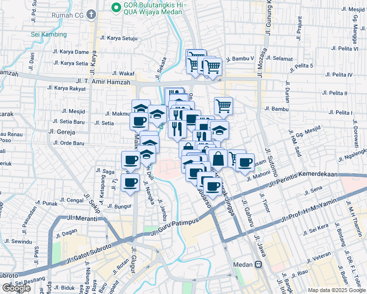map of restaurants, bars, coffee shops, grocery stores, and more near Jalan Putri Hijau in Medan