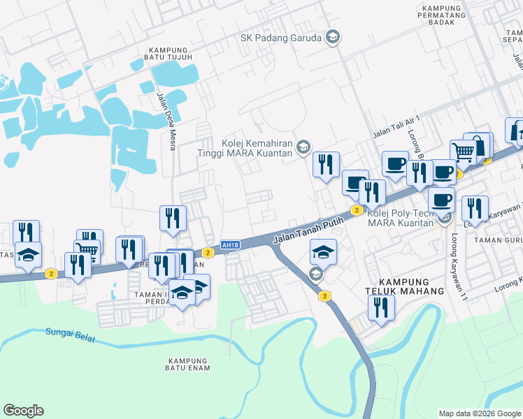 map of restaurants, bars, coffee shops, grocery stores, and more near 16 Lorong Permatang Badak Perdana 113 in Kuantan