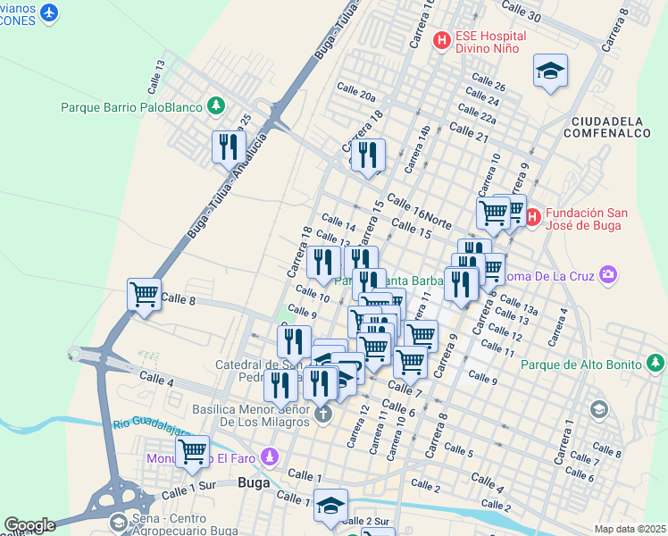 map of restaurants, bars, coffee shops, grocery stores, and more near 1199 Carrera 16 in Buga