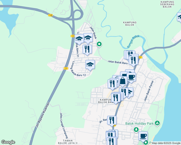 map of restaurants, bars, coffee shops, grocery stores, and more near Lorong Balok Baru 4 in Kuantan