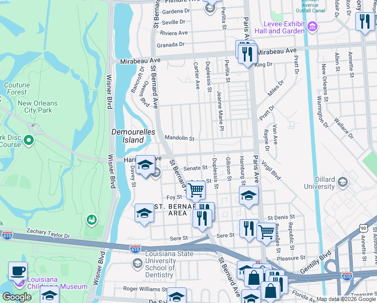map of restaurants, bars, coffee shops, grocery stores, and more near 1345 Harrison Avenue in New Orleans