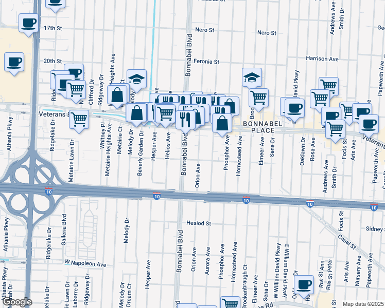 map of restaurants, bars, coffee shops, grocery stores, and more near 711 Bonnabel Boulevard in Metairie