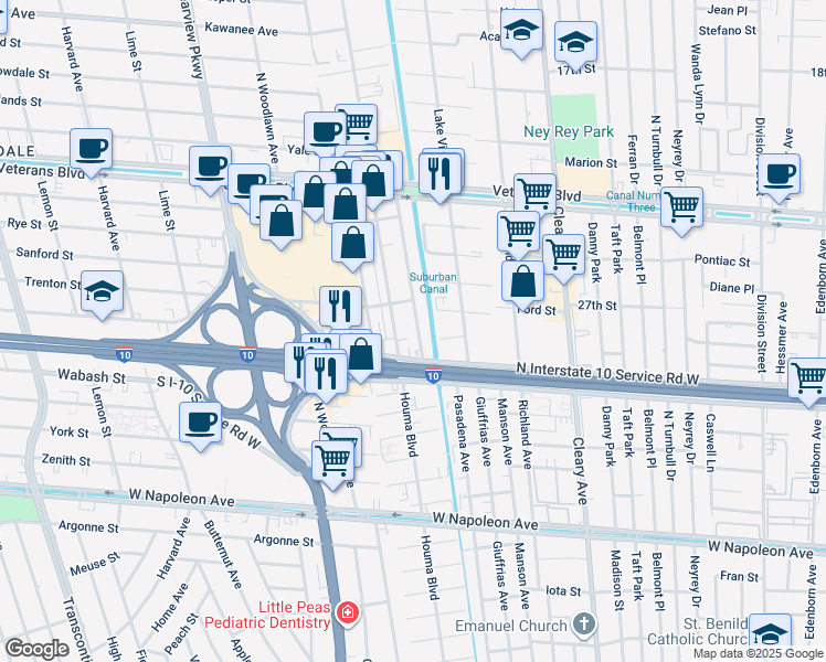 map of restaurants, bars, coffee shops, grocery stores, and more near 2801 Houma Boulevard in Metairie