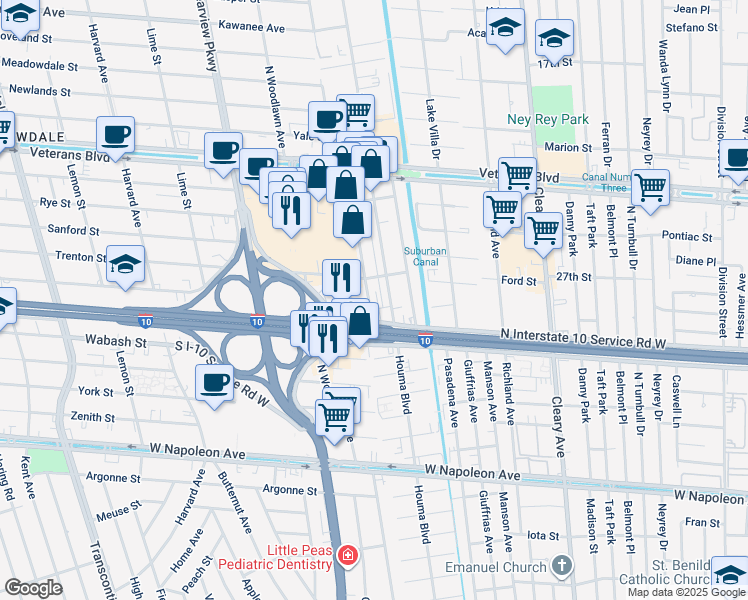 map of restaurants, bars, coffee shops, grocery stores, and more near 2800 Kingman Street in Metairie