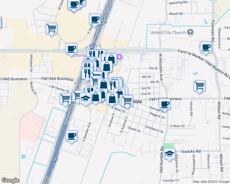 map of restaurants, bars, coffee shops, grocery stores, and more near 201 1st Street East in Humble