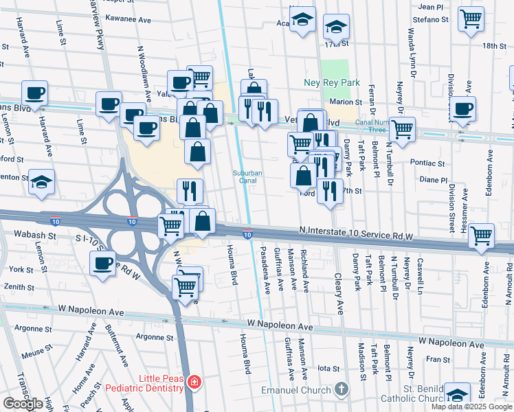 map of restaurants, bars, coffee shops, grocery stores, and more near 4117 Utica Street in Metairie