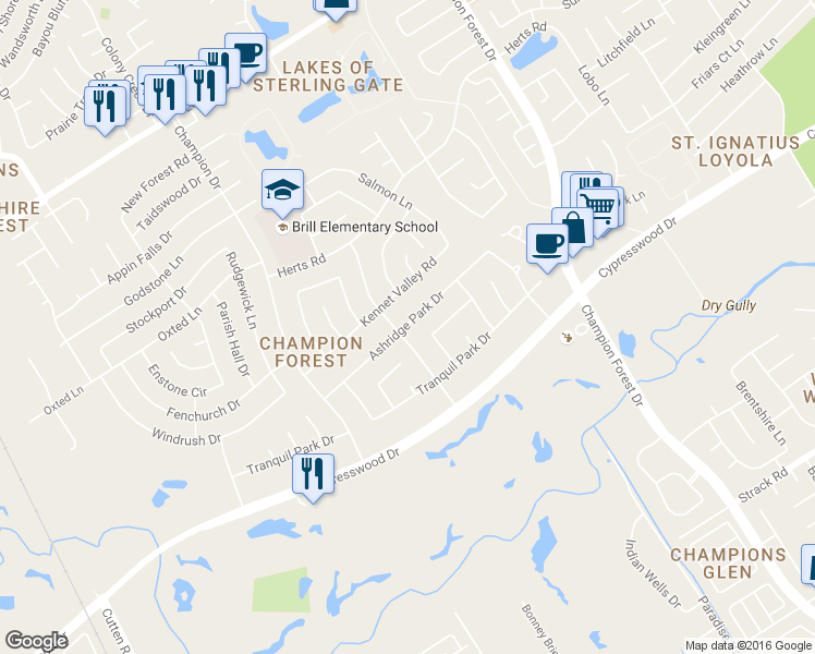 map of restaurants, bars, coffee shops, grocery stores, and more near 8827 Ashridge Park Drive in Spring