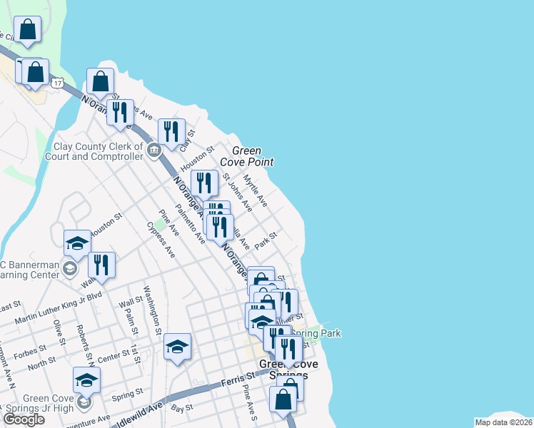 map of restaurants, bars, coffee shops, grocery stores, and more near 515 Myrtle Avenue in Green Cove Springs