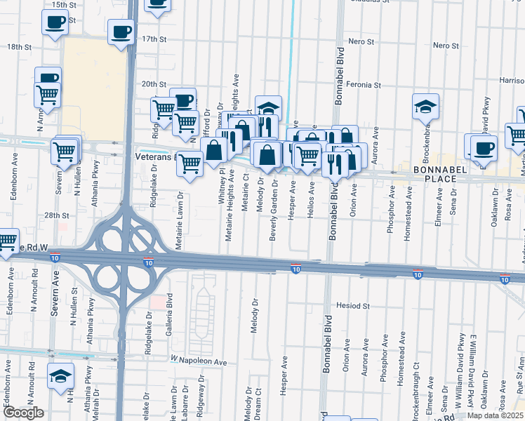 map of restaurants, bars, coffee shops, grocery stores, and more near 705 Melody Drive in Metairie