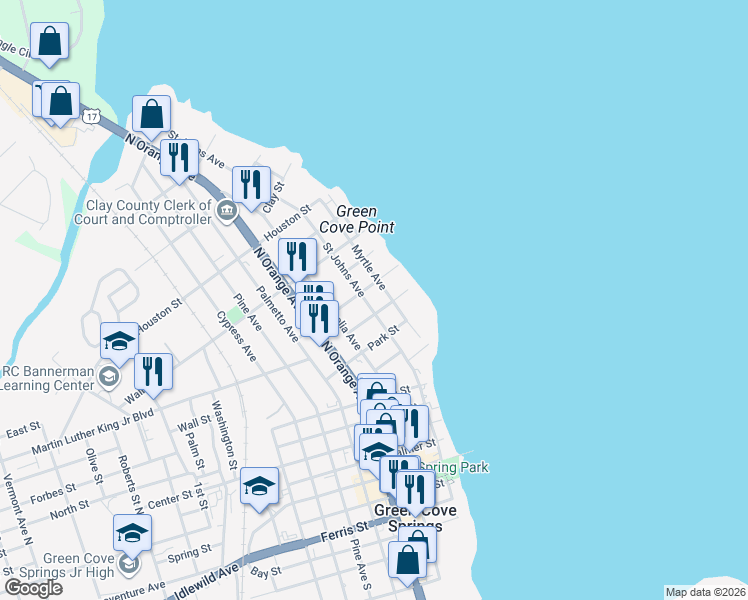 map of restaurants, bars, coffee shops, grocery stores, and more near 515 Myrtle Avenue in Green Cove Springs