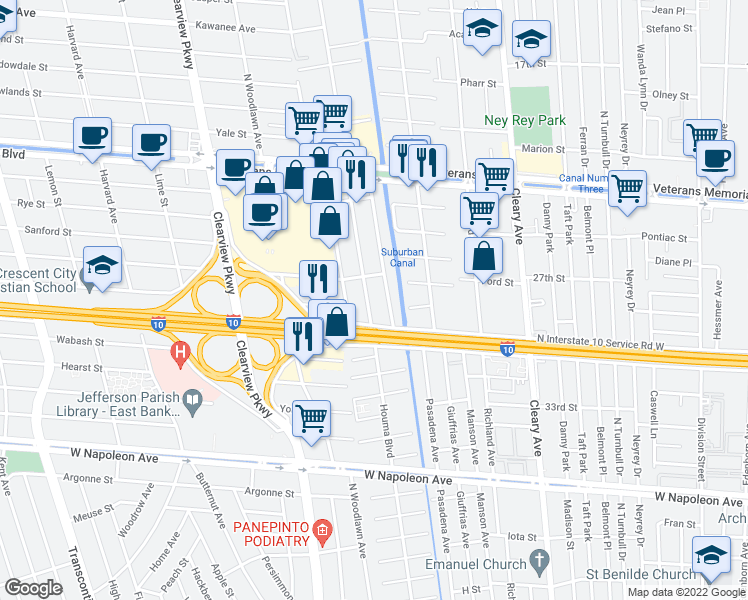 map of restaurants, bars, coffee shops, grocery stores, and more near 2801 Houma Boulevard in Metairie