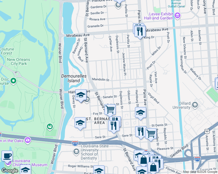map of restaurants, bars, coffee shops, grocery stores, and more near 1345 Harrison Avenue in New Orleans
