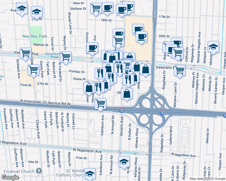 map of restaurants, bars, coffee shops, grocery stores, and more near 735 Veterans Memorial Boulevard in Metairie