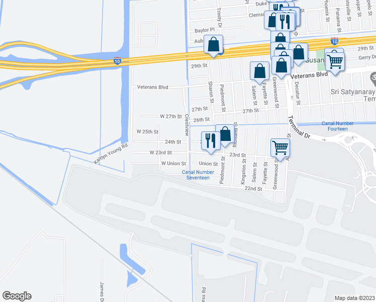 map of restaurants, bars, coffee shops, grocery stores, and more near 2 West 23rd Street in Kenner