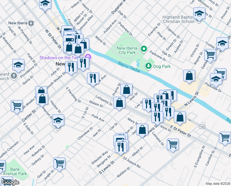 map of restaurants, bars, coffee shops, grocery stores, and more near 602 Charles Street in New Iberia