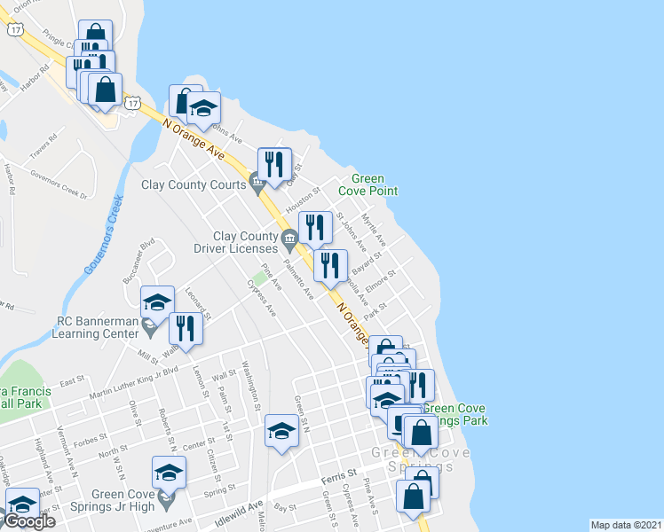 map of restaurants, bars, coffee shops, grocery stores, and more near 613 Magnolia Avenue North in Green Cove Springs