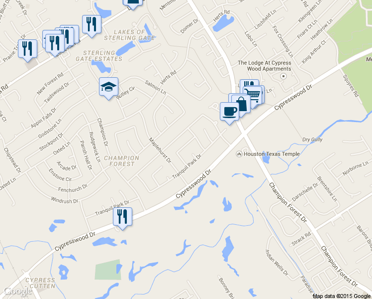 map of restaurants, bars, coffee shops, grocery stores, and more near 8719 Chelmsford Lane in Spring