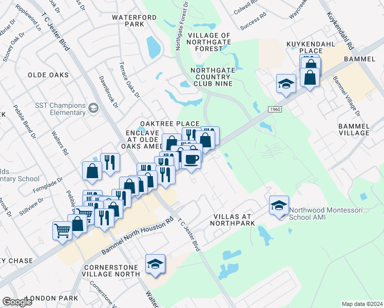 map of restaurants, bars, coffee shops, grocery stores, and more near 3140 Farm to Market 1960 Road West in Houston
