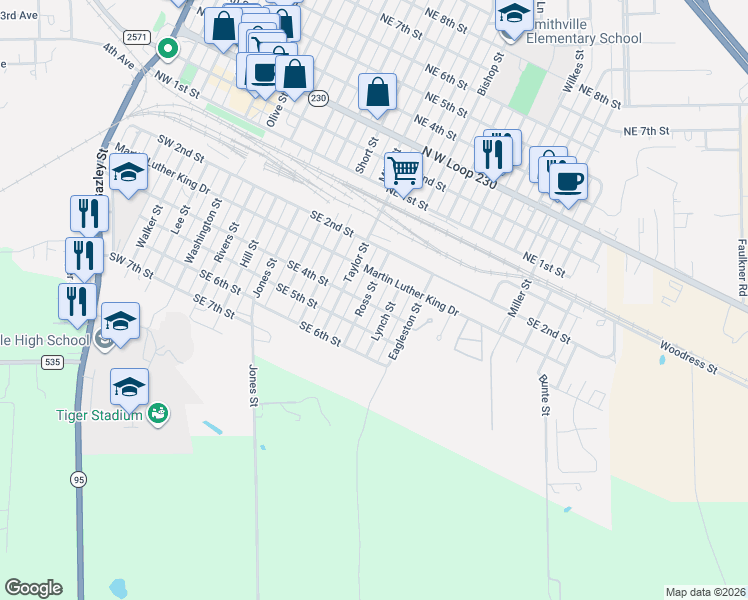 map of restaurants, bars, coffee shops, grocery stores, and more near 307 Ross Street in Smithville