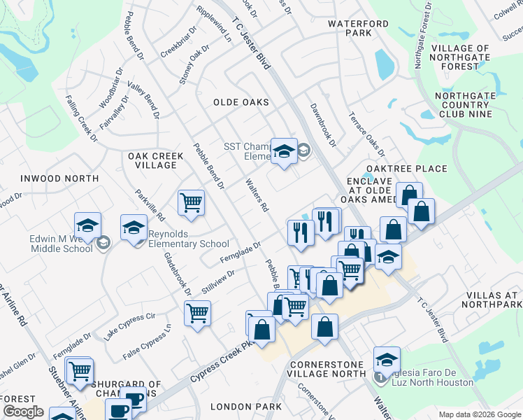 map of restaurants, bars, coffee shops, grocery stores, and more near 14927 Walters Road in Houston