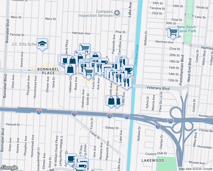 map of restaurants, bars, coffee shops, grocery stores, and more near 835 Nursery Avenue in Metairie