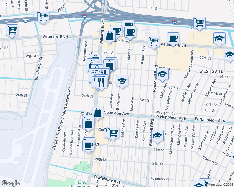 map of restaurants, bars, coffee shops, grocery stores, and more near 2413 Illinois Avenue in Kenner