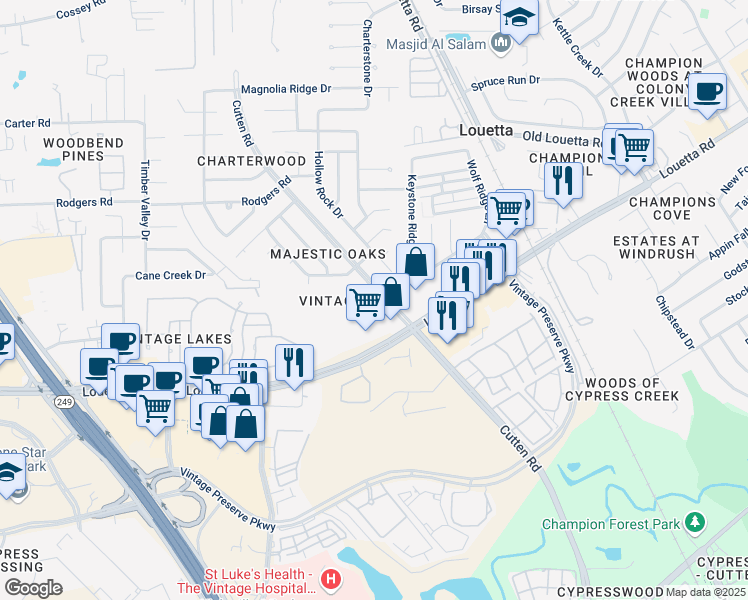 map of restaurants, bars, coffee shops, grocery stores, and more near 15727 Cutten Road in Houston