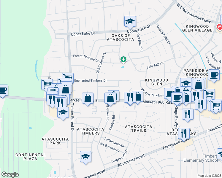 map of restaurants, bars, coffee shops, grocery stores, and more near 5722 Green Timbers Drive in Humble