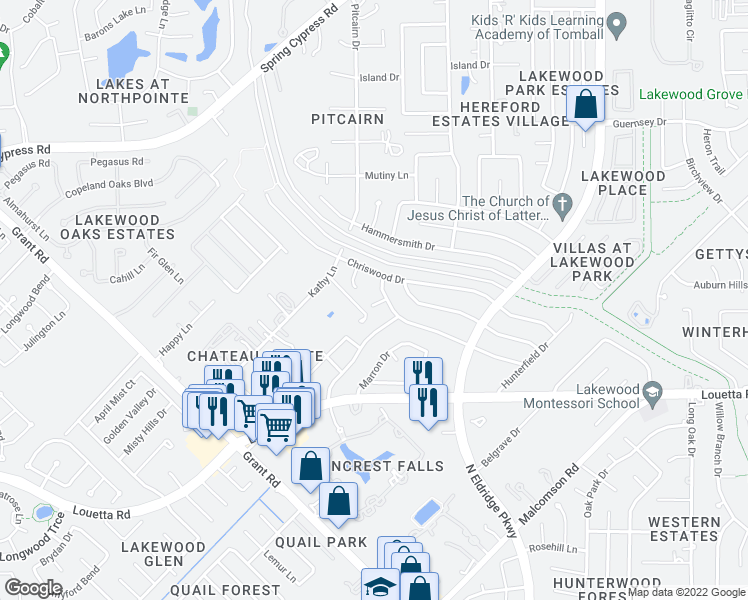 map of restaurants, bars, coffee shops, grocery stores, and more near 12906 Elmington Court in Cypress