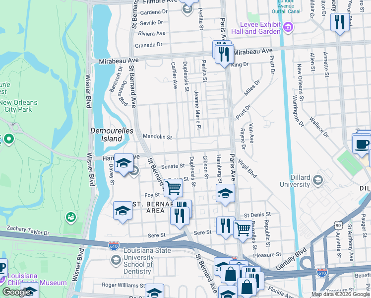 map of restaurants, bars, coffee shops, grocery stores, and more near 1427 Harrison Avenue in New Orleans