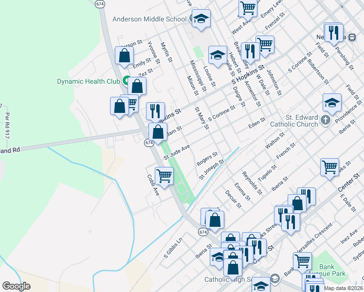 map of restaurants, bars, coffee shops, grocery stores, and more near 1604 Saint Jude Avenue in New Iberia