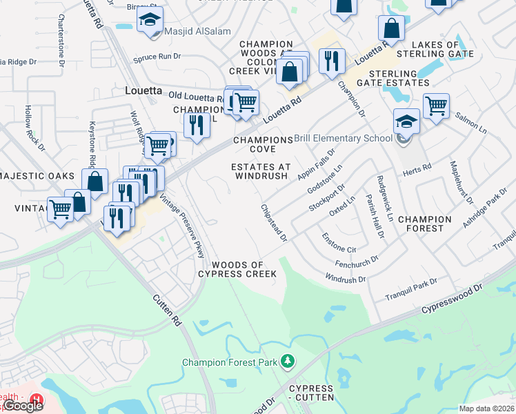 map of restaurants, bars, coffee shops, grocery stores, and more near 9722 Godstone Lane in Spring