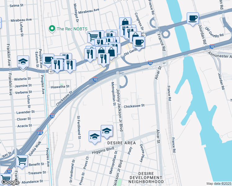 map of restaurants, bars, coffee shops, grocery stores, and more near 3922 Metropolitan Street in New Orleans