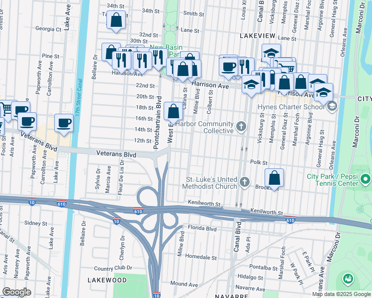 map of restaurants, bars, coffee shops, grocery stores, and more near 133 Polk Street in New Orleans