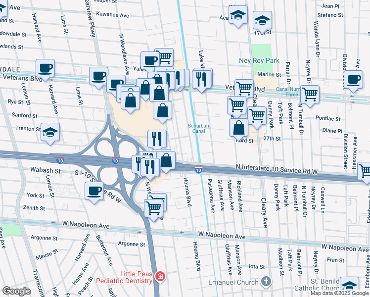 map of restaurants, bars, coffee shops, grocery stores, and more near 2801 Houma Boulevard in Metairie