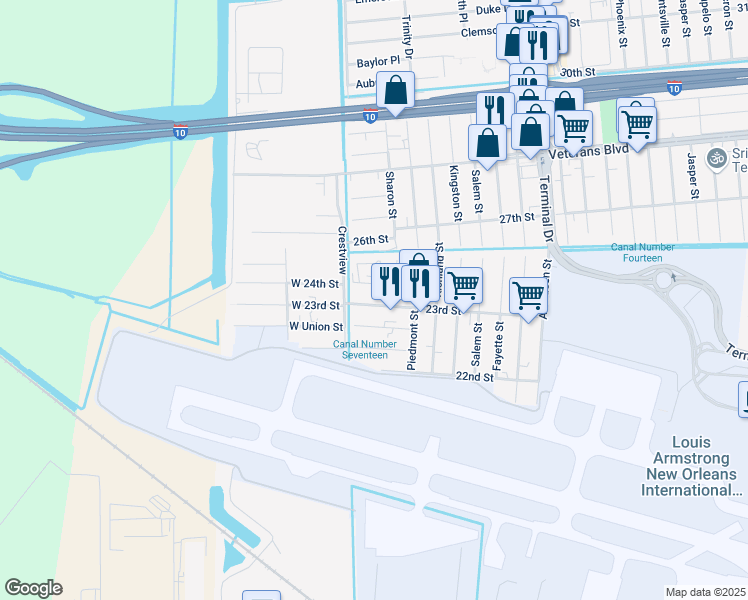 map of restaurants, bars, coffee shops, grocery stores, and more near 30A 23rd Street in Kenner