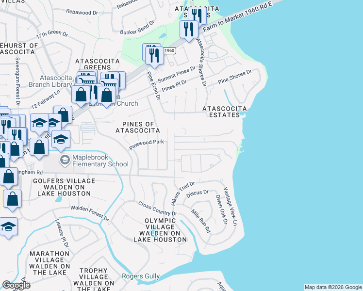 map of restaurants, bars, coffee shops, grocery stores, and more near 114 Camp Lillie Road in Humble