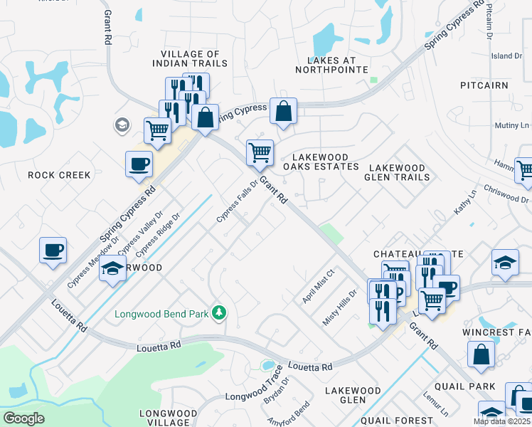 map of restaurants, bars, coffee shops, grocery stores, and more near 13619 Branson Lane in Cypress
