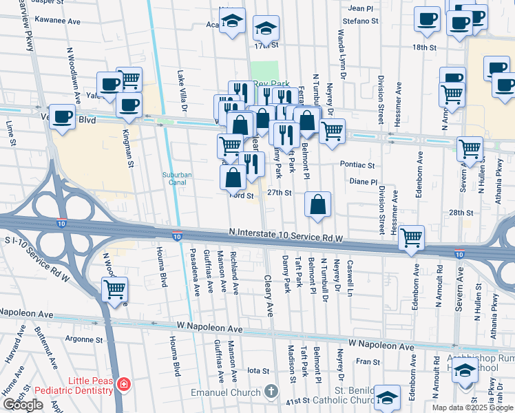 map of restaurants, bars, coffee shops, grocery stores, and more near 2882 Cleary Avenue in Metairie