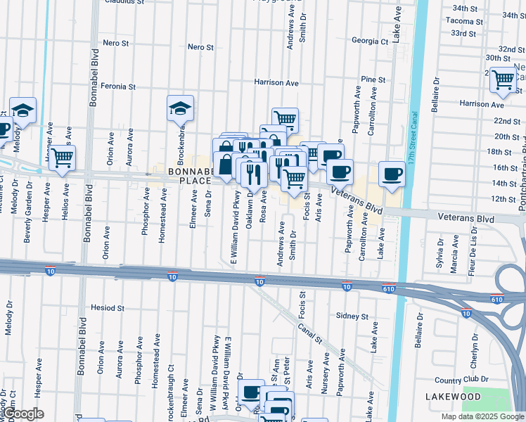 map of restaurants, bars, coffee shops, grocery stores, and more near 645 Rosa Avenue in Metairie