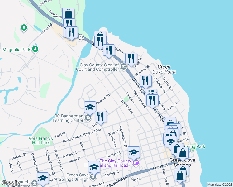 map of restaurants, bars, coffee shops, grocery stores, and more near 637 Cypress Avenue North in Green Cove Springs