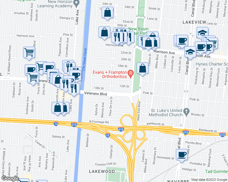 map of restaurants, bars, coffee shops, grocery stores, and more near 233 10th Street in New Orleans